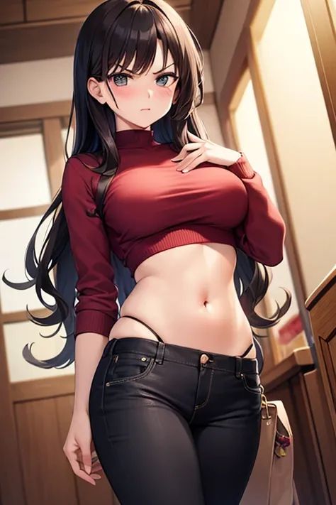 super fine illustration, vibrant colors, masterpiece, sharp focus, best quality, depth of field, cinematic lighting, ultra detailed, cropped shirt, pink shirt, long sleeves, slim pants, navel, belly button, tummy, 1 woman, solo, milf, very messy hair, slen...