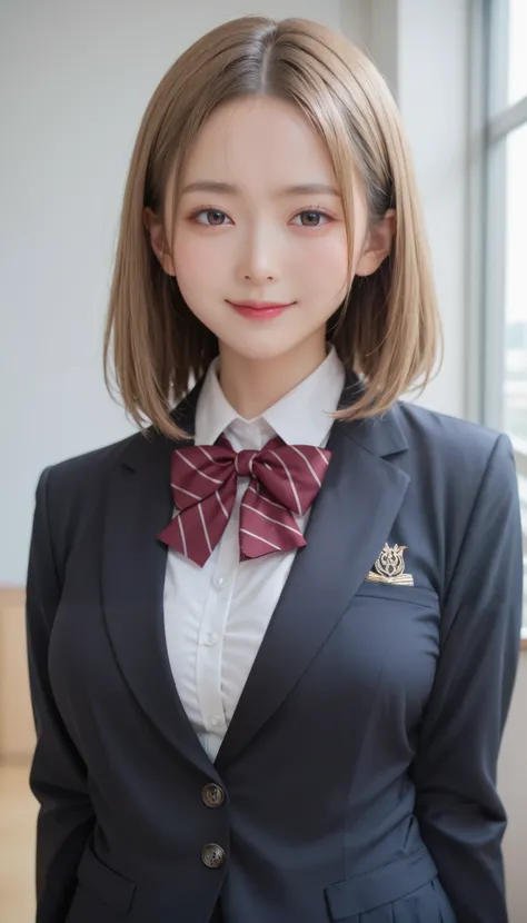 score_9,score_8_up,score_7_up,ultra detailed,absolutely resolution, detailed beautiful face and eyes,Japanese beautiful Young girl,light brown hair,medium straight hair,Forehead,gleaming skin,school uniform,black blazer,embarrassed Smile,be in heat,natural...