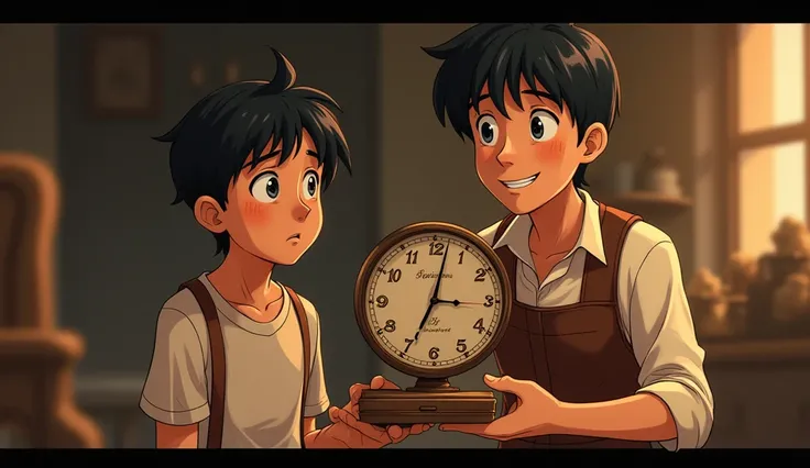 "Ladke ne kaha, 'Main ise kaise bana sakta hoon, ghadiwala tum ho, tum isse banao.'"
   - *Image Prompt*: The boy looking confused, holding the broken clock, while the clockmaker gives an encouraging smile.Anime style 
