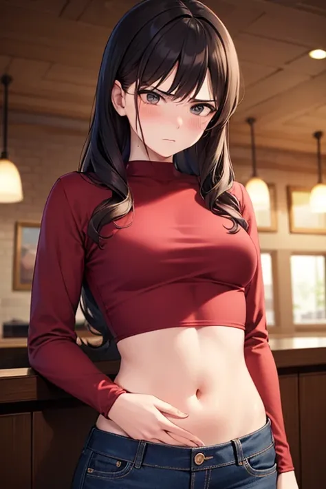 super fine illustration, vibrant colors, masterpiece, sharp focus, best quality, depth of field, cinematic lighting, ultra detailed, crop top , long sleeves, slim pants, navel,  tummy, 1 woman, solo, milf, slender, full face blush, annoyed, mature female, ...