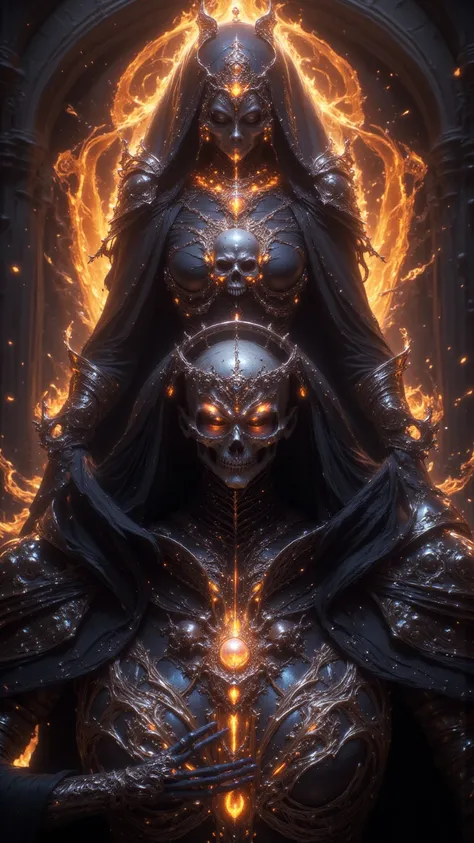 a beautiful and beautiful woman，Necromancer movie footage ,  with beautiful facial features and long black hair , Wearing skeleton armor,Full body shot，  summons a glowing orange skeleton around , Glowing skull,  Magic Effects , The background is a cemeter...