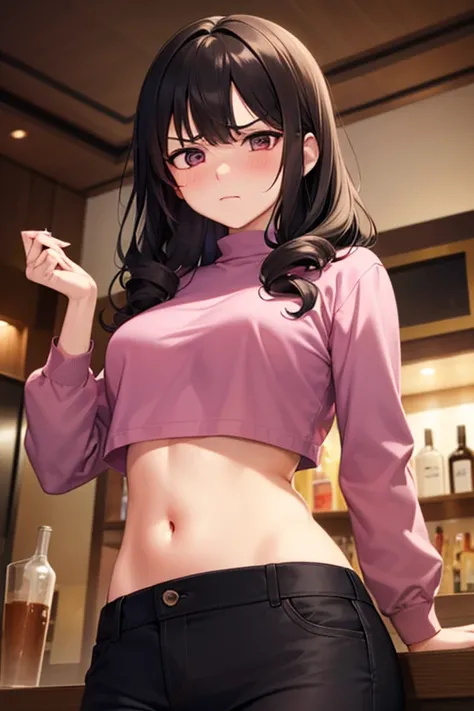 super fine illustration, vibrant colors, masterpiece, sharp focus, best quality, depth of field, cinematic lighting, ultra detailed, crop top , long sleeves, slim pants, navel,  tummy, 1 woman, solo, milf, slender, full face blush, annoyed, mature female, ...