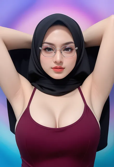 BOA HANCOCK, detail eyes, realistic, detail face, upper body, black hijab, big breast, aurora background, eyelashes black, eyeliner black, eyeshadow brush, blush, best quality, headscarf, wear the hijab, sweaters, close up, gray glasses, looking in front o...