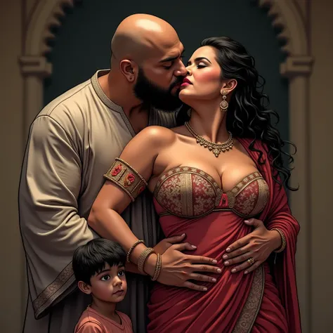 (lisa ann as a voluptuous bhabhi in bikini blouse and saree, a beefy bald dark-skinned sunni muslim cleric wearing a kurta stands behind the bhabhi holding her waist and kissing her neck, bhabhi biting her lips seductively with her eyes closed, bhabhi's li...