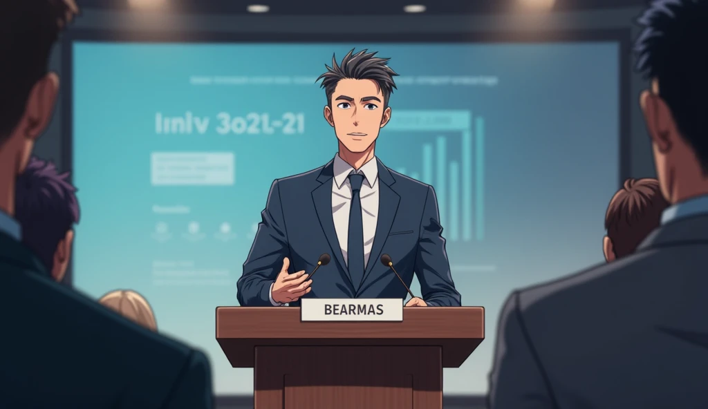 Generate A Anime Man model of Finance.Age Is 25.Declaring a Speech.