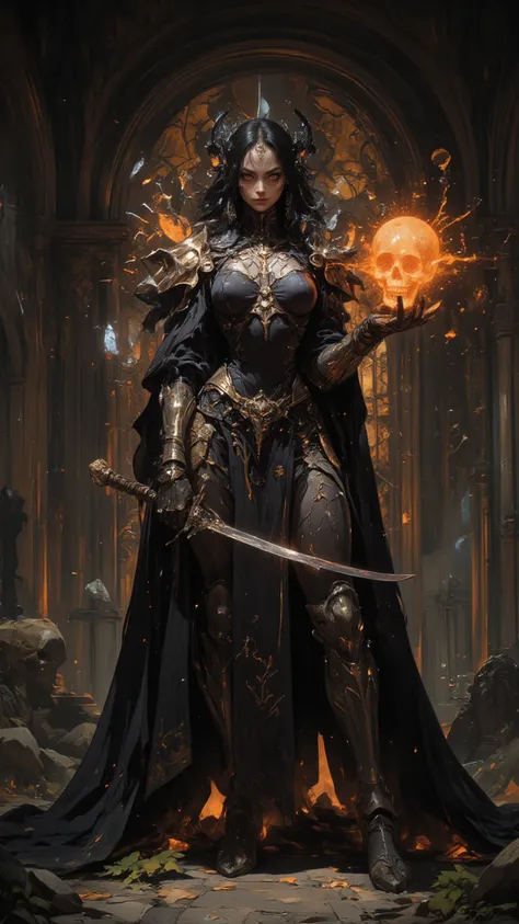 a beautiful and beautiful woman，Necromancer movie footage ,  with beautiful facial features and long black hair , Wearing skeleton armor,Full body shot，  summons a glowing orange skeleton around , Glowing skull,  Magic Effects , The background is a cemeter...