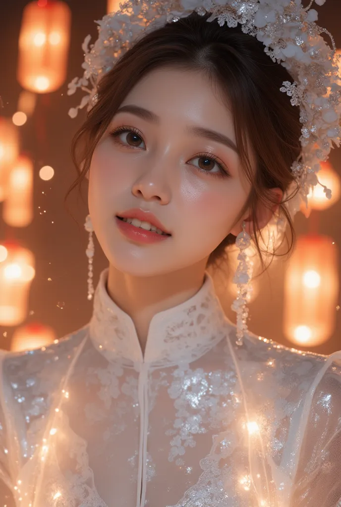  beautiful woman,  teeth息をのむほどゴージャスな赤  & Covered with white porcelain Hanfu  ,  teeth、 Surrounded by sparkling floating lanterns、. Lunar New Yearを祝う. masterpiece. Starry Night. soft,   diffuse lighting enhances the surrounding pastel tones ,  , 、 creates a...