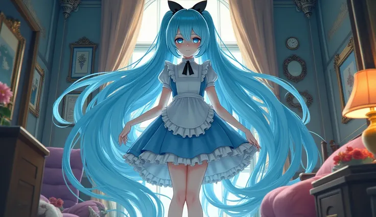 anime giant girl with black bow on head long sky blue waterfall hair blue eyes dressed as Alice in wonderland stuck in house