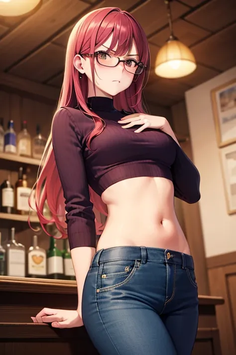 super fine illustration, vibrant colors, masterpiece, sharp focus, best quality, depth of field, cinematic lighting, ultra detailed, crop top , long sleeves, slim pants, navel,  tummy, 1 woman, solo, milf, slender, full face blush, annoyed, mature female, ...