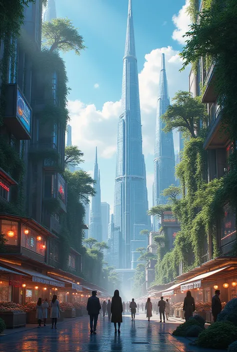  A futuristic and beautiful city ,  where architecture combines elegance and advanced technology .  Glass skyscrapers reflect the sky ,  adorned with neon lights and hanging vegetation .  Clean, wide streets are full of screens holographic ,  floating vehi...