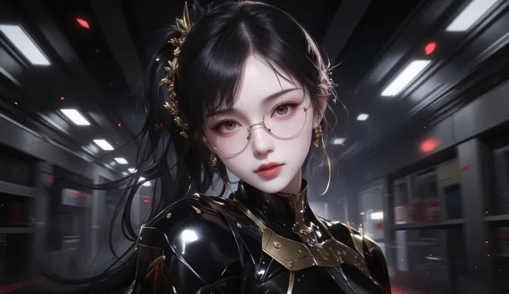 Dark, enigmatic anime female,  young adult,  with captivatingly detailed features.  Sharp, intense gaze; subtle yet striking red lips.  She sports  a sleek,  black,  high-gloss,  form-fitting outfit, akin to  a futuristic superhero or villain costume,  wit...