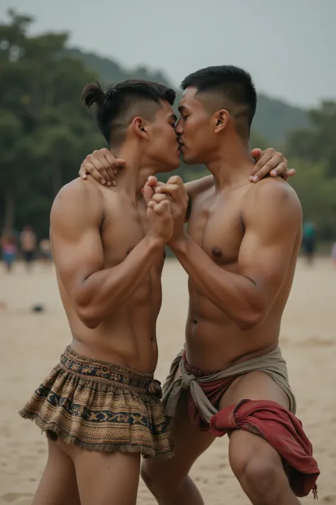 two men kissing Half-Nepalese-Caucasian, young man,short haircut tan skin,very good figure,no shirt,wearing bikini underwear Ultra-clear and realistic photo style, 8K picture quality, the air flow rushes forward to in front, The air flow  Perfectly matched...