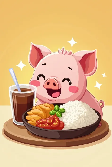 Make me a logo that named "CRAVE CORNER" showing a cute little pig craving for some foods Infront of her the foods shows java rice and plain rice and has side dish of egg, siomai, hotdog and has a drink of ice tea. Make it an business logo