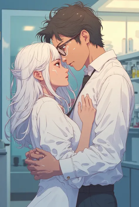 A heartwarming anime-style illustration of a white-haired woman and a brown-haired man with glasses embracing in a warm, tender hug.  Their expressions are soft and loving, conveying a deep connection between them.  The background could be a softly lit lab...