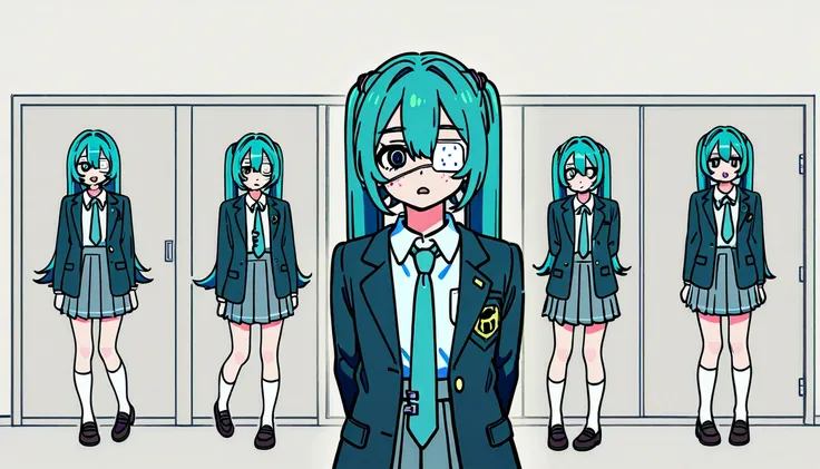 hmmonitoring peephole, peephole pose hatsune miku, very long hair, twintails, bangs, hair between eyes, medical eyepatch, freckles, school uniform, collared shirt, necktie, jacket, open jacket, long sleeves, pleated skirt, loafers, socks looking at viewer,...