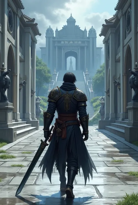 An anime -style powerful warrior with a tan complexion and sleek short black hair, tall and semi-muscular, walking forward in an imperial city. His head is lowered, and his face is not visible, partially covered by a black scarf. He wears dark steel armor ...