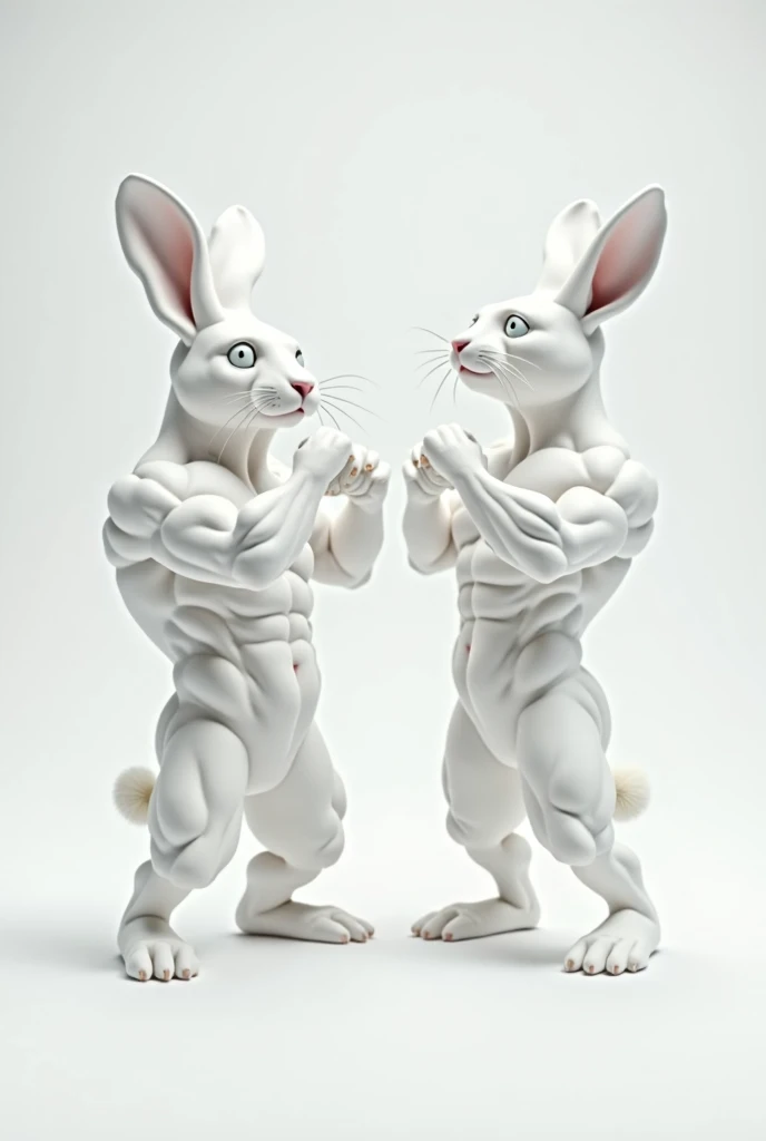 Rabbit and cat doing bodybuilding movements in white color that are like human body lifts dumbbells 