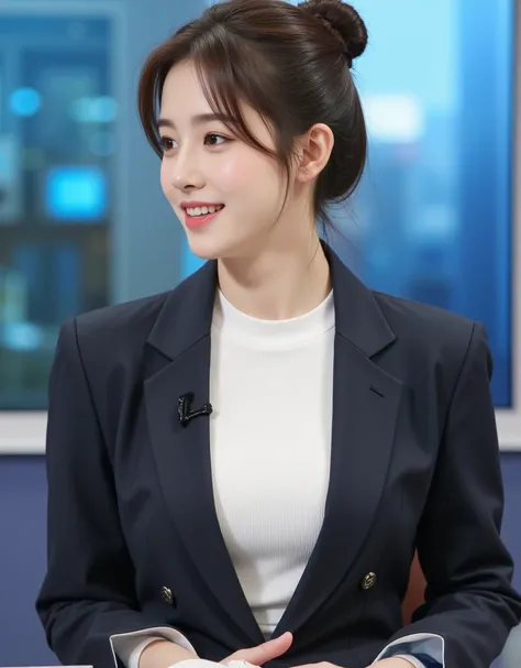 (Profile of a super cute busty Korean female announcer telling the weather forecast on a news program:1.2)(Grinning,smile:1.1)(Beautiful Sweat:1.1)(16k,  RAW photos ,  top quality, masterpiece: 1.2),(A cute bun hairstyle with shiny brown hair)  Super Detai...