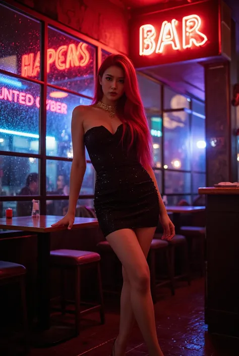 High quality, Ultra HD, 4K, Mirror-like, Wallpaper, Rainy night, Neon lights, Jazz bar, Beautiful woman, Nice body, Tight black dress, Mini dress, Gold jewelry, Red hair, Long hair.