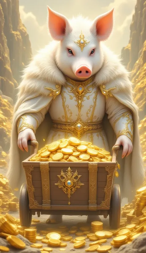 (best illumination, best shadow, masterpiece, best quality), anthropomorphic white pig king, majestic, intimidating, powerful, epic, royal armor of white and gold with intricate details, clean lines, perfect illustration,The surrounding scenery is golden m...