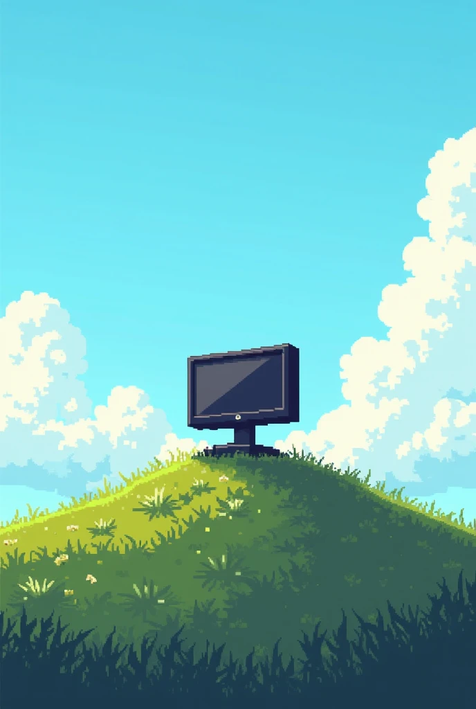  a gaming computer or gaming monitor standing on a small hill in the middle of a vast meadow.  The sky in the background is bright with white clouds parading . The image style is pixel art ,  which gives it a retro and slightly nostalgic feel .