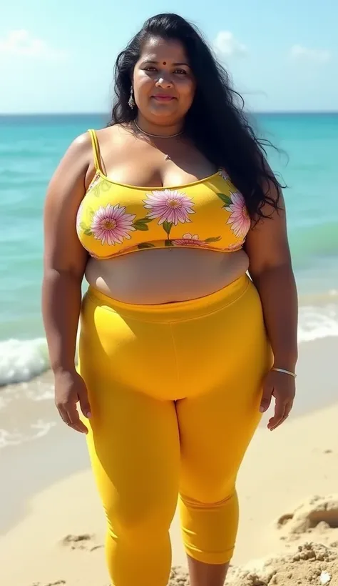 A full-body photograph of a voluptuous South Indian mature aunty with an extra-large (15XL) physique, standing on the sandy beach. She is wearing a floral yellow crop rop and ankle length leggings that accentuates her curvy figure. Her enormous, round, and...