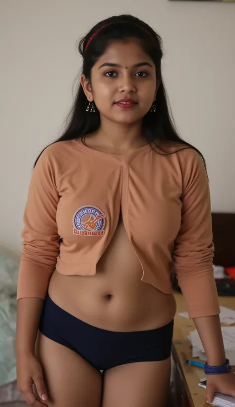 A full lenght shot of a lovely indian sister standing in front of her study table in her room. She is an excellent student. Her attire looks dirty and stained, but still happy. ultra-high definition, realistic photography. Longsleeved tight croptop (giving...