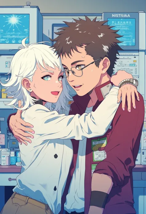 Anime-style artwork of a white-haired woman and a brown-haired man with glasses sharing a quick, playful hug.  Their expressions are cheerful and lighthearted, suggesting a close friendship or camaraderie.  The setting could be their lab, with scientific e...