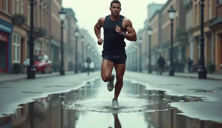 man running in running shoes walking on a puddle
