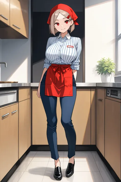 yamada,1 female,solo,
light brown hair,bob cut,hair pin,flowing parted bangs,red eyes,
looking at viewer,smile,large breast,

red apron,white pinstriped shirts,navy blue long pants,black shoes,name plate,red triangle head scarf,white collar,

beautiful leg...