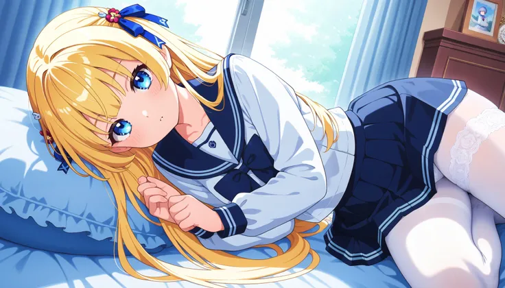 1 niña de cabello rubio con decoraciones Ribbon  en la cabeza,  blue eyes at school school uniform blue with white navy blue miniskirt Women in white tights, with lace, Ribbon ,  at home high quality Anatomy Perfect show panties nekomimi ,