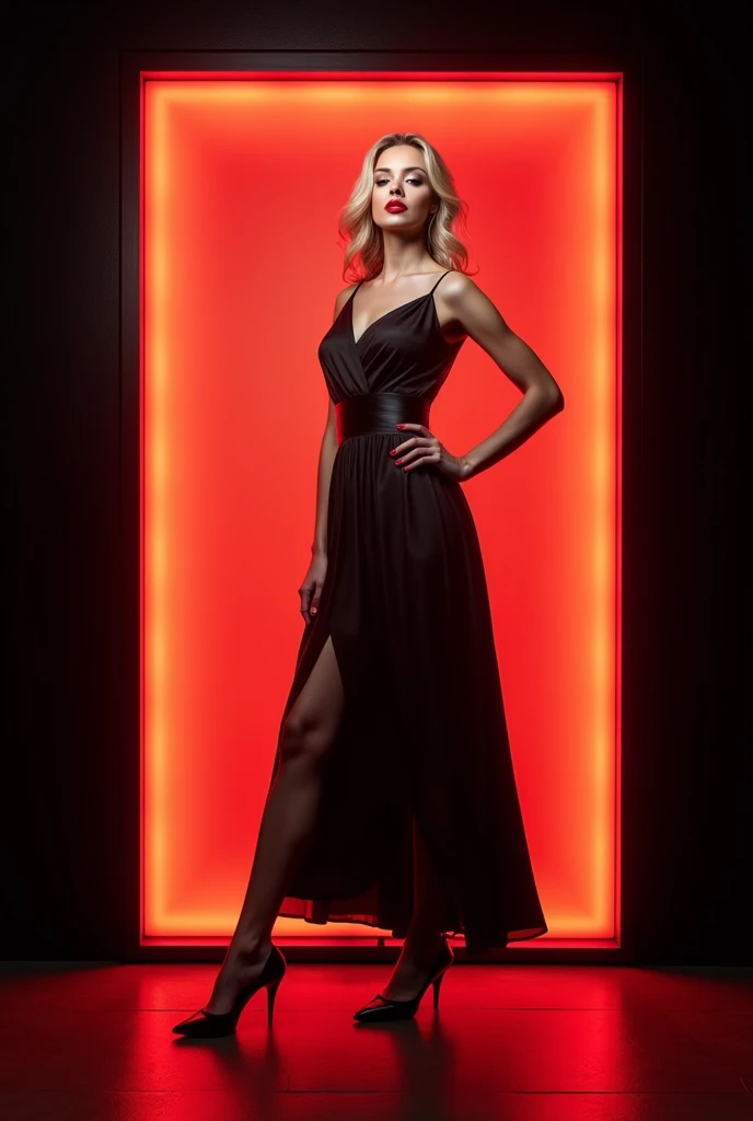 bright,  Colorful , a large lightbox on a black wall depicting a bright picture of a full-length white blonde with red lipstick in an elegant pose, that advertises famous perfumes