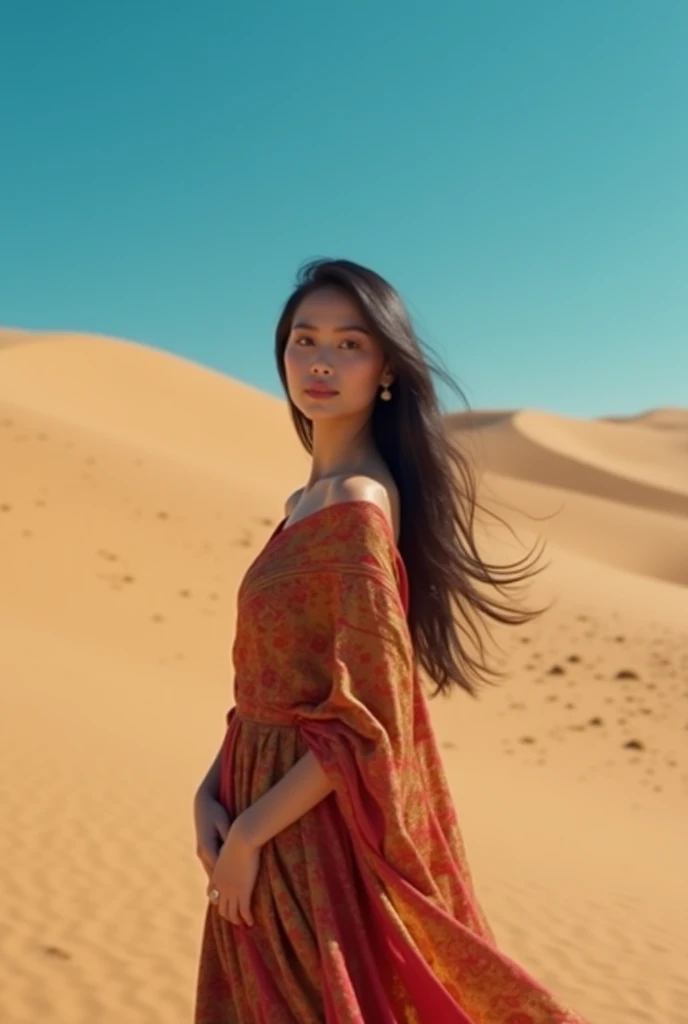 beautiful 30 years old Malay girl standing face forward in the desert