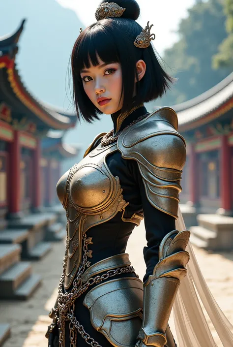  1 Japanese beauty ,  A full-body goddess wearing intricate armor who rules white dragons 、Temple Background、（ photorealistic :1.4）、 perfect anatomy、Glowing Skin、 black hair、 bob cut hair、 with straight eyebrows and bangs 、A nicely aligned neckline 、 small...