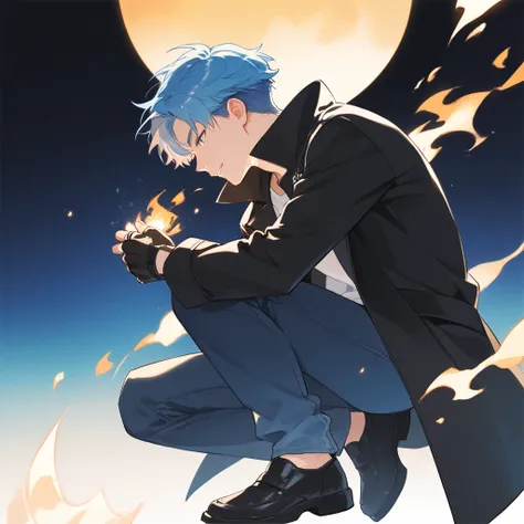 Anime Teen Boy, Sky Blue Short Hair, Black And White Coat, White Undershirt, Black And White Jeans, Black Shoes, Black Fingerless Gloves, Half Body Frost Magic, Half Body Flame Magic, Sun And Moon Background