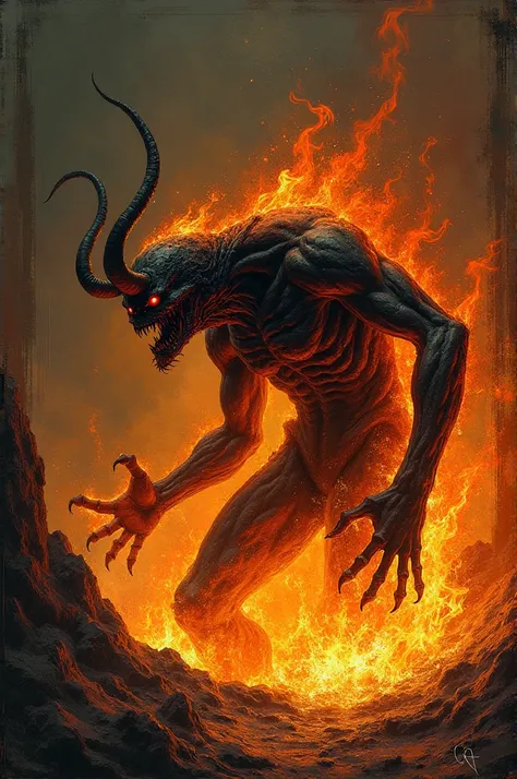 Rustic drawing of a demon burning his whole body and writhing in pain 