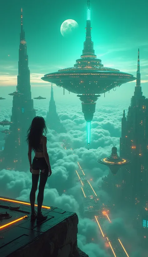 A breathtaking futuristic scene as seen from a traveler girl's perspective on Uranus's skyroads. She stands on the edge of her sleek hovercraft (Personal Pod) in her futuristic full body sleek costume, gazing at a massive, glowing sky station floating at a...