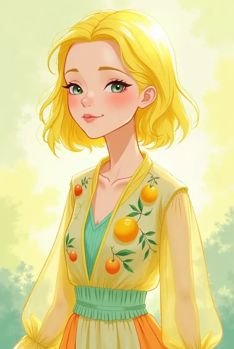 A refreshing lady with lemon-yellow hair, styled in a sleek bob with soft waves, illustrated in a Soft Pastel Impressionism style. She wears a layered outfit of translucent fabric in shades of pale yellow, mint green, and soft orange, adorned with citrus f...