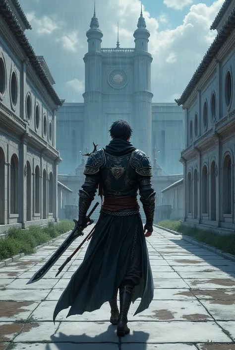 An anime -style powerful warrior with a tan complexion and sleek short black hair, tall and semi-muscular, walking forward in an imperial city. His head is lowered, and his face is not visible, partially covered by a black scarf. He wears dark steel armor ...