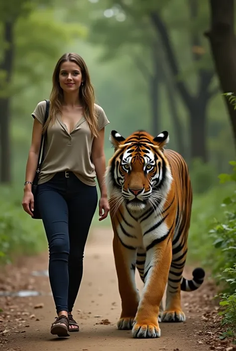  A woman walking side by side with a dashing male tiger walks confidently towards the camera,  The tiger's gaze is very sharp and the focus of its muscles is clearly visible when stepping , forest background with greenery 