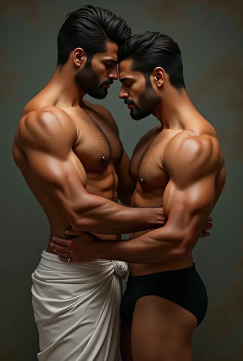 Shirtless mallu  man  hairy chest, hairy body, six pack abs, hot handsome dashing, quiff haircut,  white baniyaan, tan complexion, black underwear muscular smooching a man