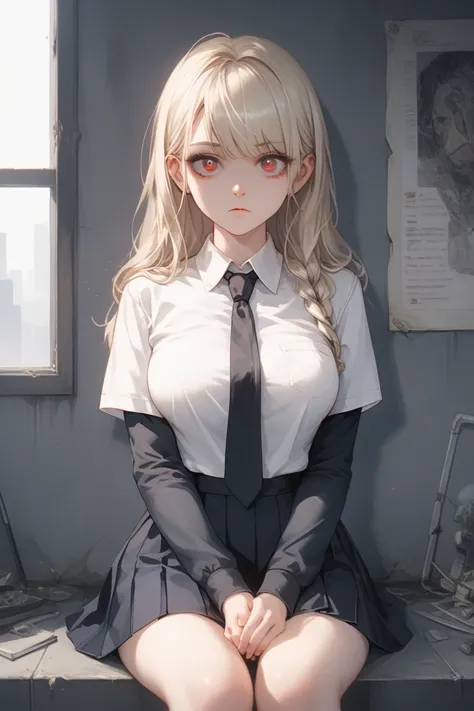 "A high-quality anime illustration of a tall, pale girl sitting in a school uniform. She wears a black skirt paired with a white collared shirt and a black tie, with her hair straight and black, cascading down her back. Her large eyes, filled with a mix of...