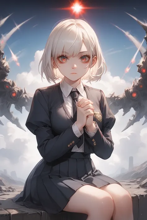 "A high-quality anime illustration of a tall, pale girl sitting in a school uniform. She wears a black skirt paired with a white collared shirt and a black tie, with her hair straight and black, cascading down her back. Her large eyes, filled with a mix of...