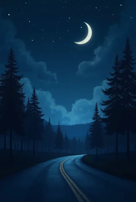 An image of a moon behind two clouds. There are few stars too. There is a highway with some trees in the side but there are no cars to be seen