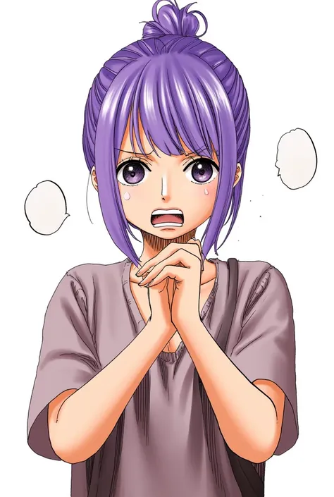 20-year-old woman with short purple hair tied up from the torso up apologizing with regret from the torso up 