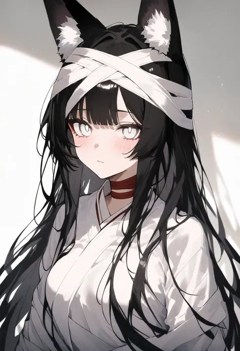 1girl, has long black hair, her body is only covered with bandages, has fox ears, and beautiful white eyes