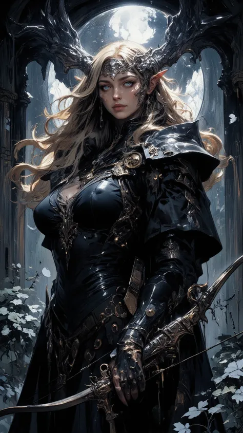 A mature woman， Sexy figure ， In a dark gothic city,   bathed in the silver light of the full moon  . Her long golden wavy hair is adorned ,  Catch the moonlight  .  She wears stylish ,   dark leather suit with an elegant  ,  , she held a beautifully carve...