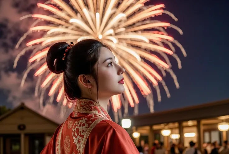 masterpiece,best quality,1girl,pretty face,30 years old,smile,hanfu,fireworks on sky),looking at fireworks,natural lighting,dynamic angle,night,outdoors,chinese new year,8k,absurdres