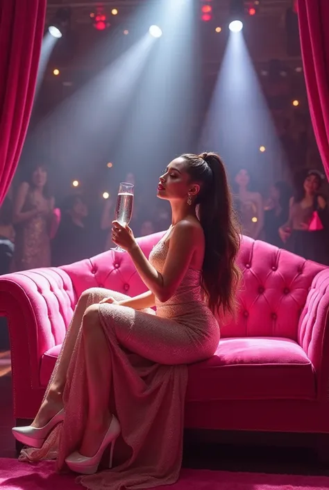 A glamorous stage ,  with spotlights and a pink velvet couch .  Ariana Grande while seated holding a glass of champagne 