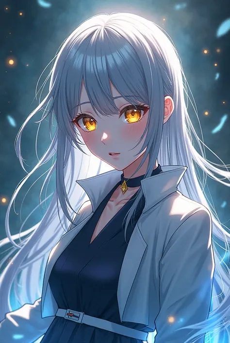 jujutsu anime style, a girl in her 20s , silver long hair , yellow eyes 